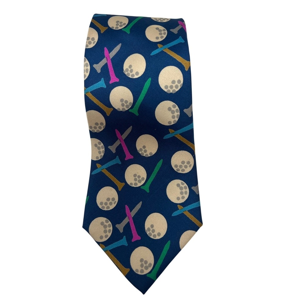 Lillian Vernon Golf Ball Tee Silk Necktie Blue Novelty Made in USA